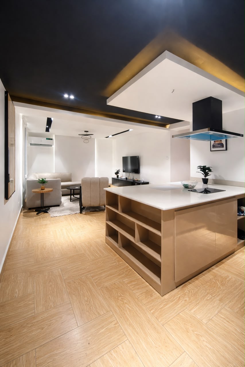 Yaba one-bedroom apartment open kitchen and lounge view