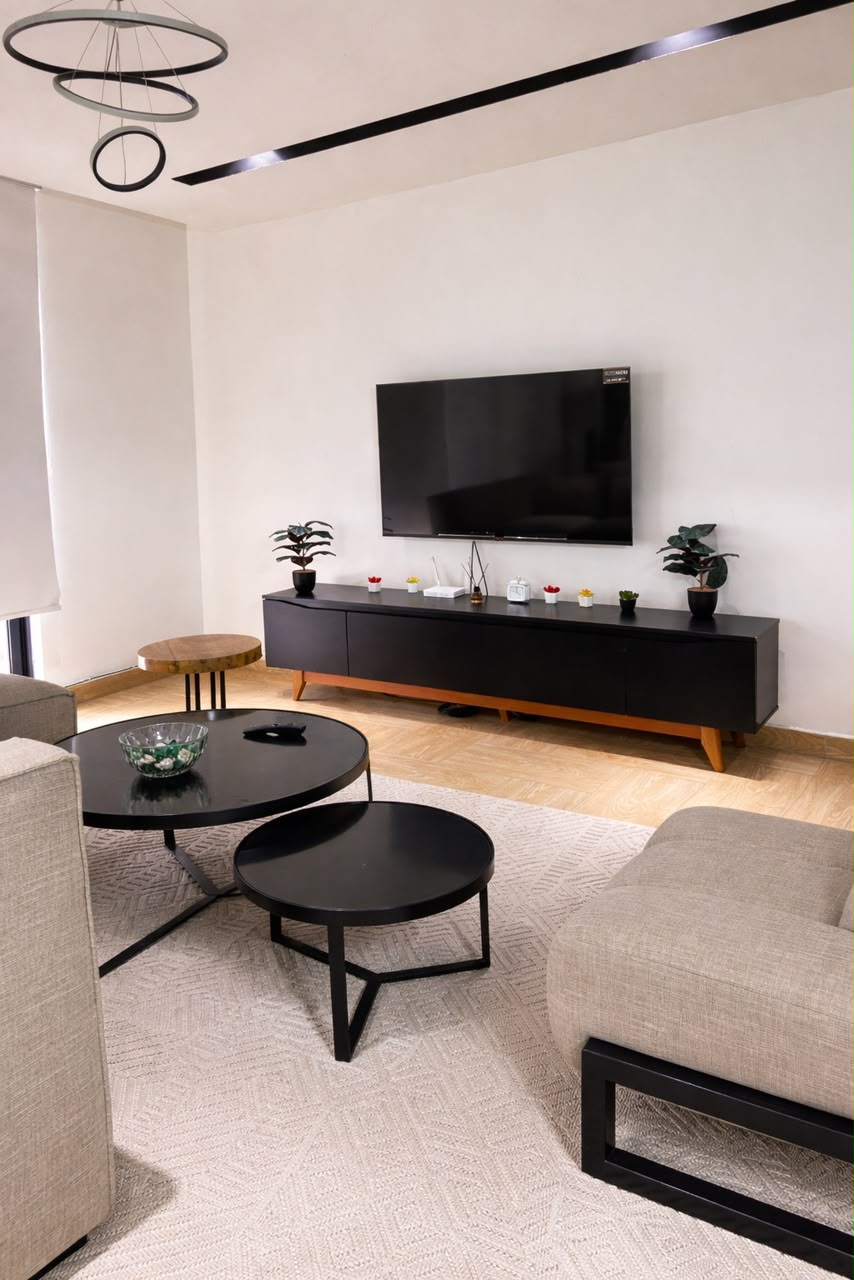 Yaba one-bedroom apartment TV lounge with soft neutral seating